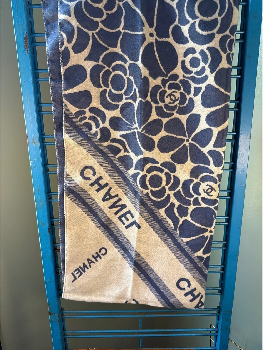 Chanel Floral Pattern Scarf Shawl in Navy and Cream
